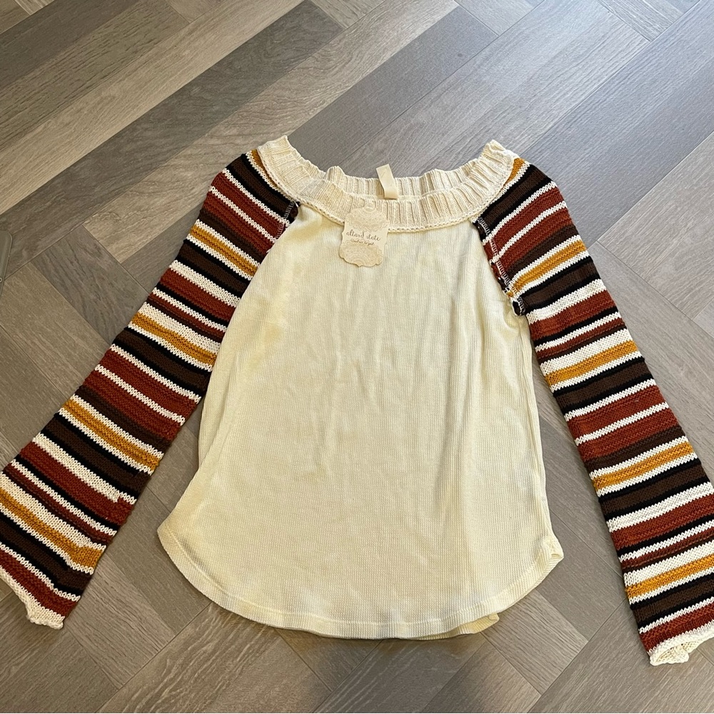 Altar'd State Cream Sweater with Striped Sleeves